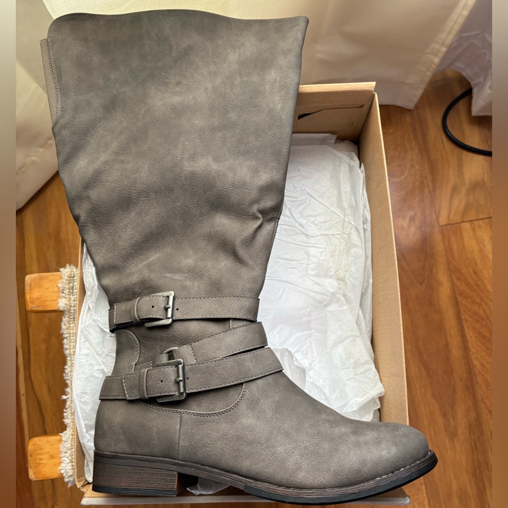 Wide Calf Gray Knee-High Boots with Buckle Detail